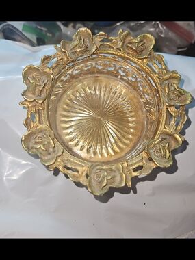 As-Is Vintage Hollywood Regency Gold Filigree Glass Trinket Jewelry Box